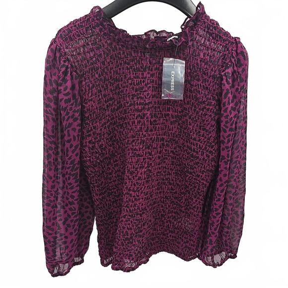 NWT Express Womens M Purple Cheetah Leopard Sheer Smock Long‎ Sleeve Blouse - Picture 1 of 9
